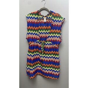 Bathing Suit Cover Up Multi-Color Chevron‎ Design See-Through With Tie Size M/L